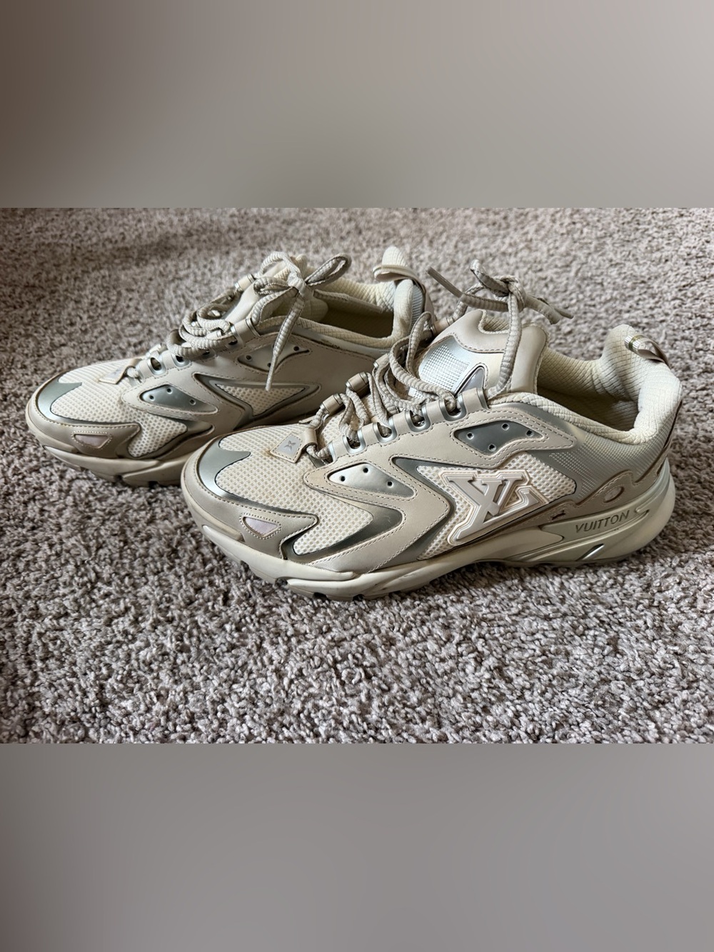 Louis Vuitton Men's Sneakers in Beige and Silver Accents